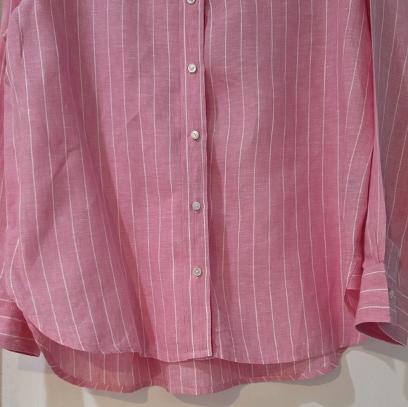 Women's J. McLaughlin Britt Linen Pink With White Pin Stripes Blouse, Size L - Picture 5 of 13